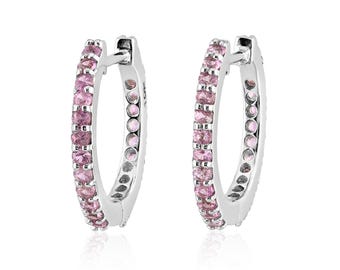14K Solid Yellow Gold Pink Sapphire Huggie Hoop Earrings