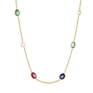 14K Gold Station Necklace/ Genuine Oval Emerald Blue Sapphire and Ruby Necklace/ Rose Cut Diamond Necklace/ Bezel Set Necklace For Women