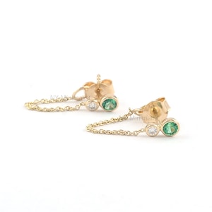 Solid 14K Yellow Gold Front Back Chain Earrings Genuine Zambia Emerald Gemstone Diamond Chain Drop Earrings Minimalist Fine Jewelry