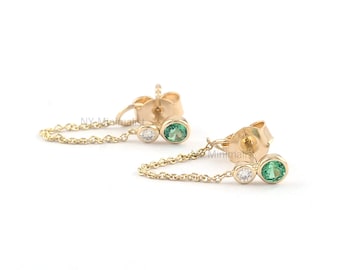 Solid 14K Yellow Gold Front Back Chain Earrings Genuine Zambia Emerald Gemstone Diamond Chain Drop Earrings Minimalist Fine Jewelry