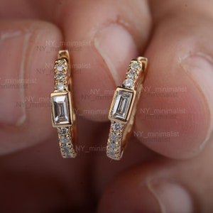 Genuine Baguette Diamond and Pave Diamond Huggie Hoop Earrings/ 14K Solid Gold Earrings/ Diamond Huggie/ NY Minimalist Jewelry/ Wedding Gift