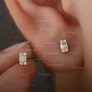 Solid 14K Yellow Gold Natural Round Diamond and Baguette Diamond Rectangle Stud Earrings Fine Jewelry Birthday Gift For Her | Pair of Studs