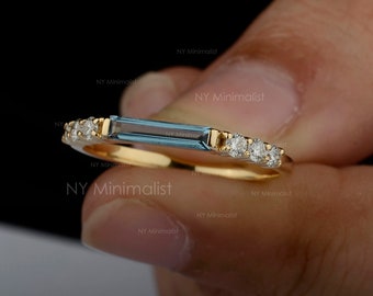 Natural Large Baguette Blue Topaz Ring/ 14K Gold Blue Topaz Diamond Ring/ Half Eternity Wedding Band/ Minimalist Stackable Ring