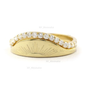 14K Gold Diamond Pave Stackable Rings Set - Rising Sun Statement Ring