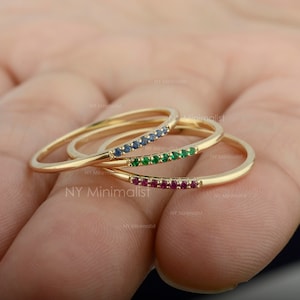 Blue Sapphire Ring/ Thin Gold Band/ Genuine Pave Sapphire Ring/ 14K Gold Stacking Ring/ September Birthstone Ring/ NY Minimalist Gifts