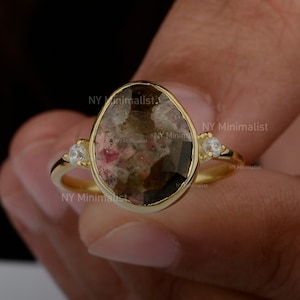One of a Kind Watermelon Tourmaline Ring: 14K Gold & Genuine Diamond
