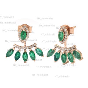 14K Gold Marquise Emerald Diamond Ear Jacket Earrings: May Birthstone