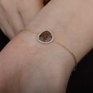 Natural Watermelon Tourmaline Diamond Bracelet/ 14K Solid Gold Bracelet/ Handmade Jewelry/ Rare Tourmaline Jewelry/ Gift For her