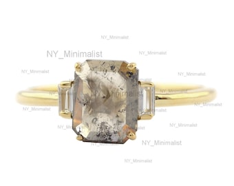 Baguette Salt and Pepper Diamond Ring, 14K Yellow Gold Promise Ring