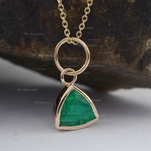 Trillion Cut Emerald Pendant Necklace: 14K Yellow Gold Birthstone Jewelry