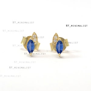 Marquise Blue Sapphire Diamond 14K Yellow Gold Stud Earrings