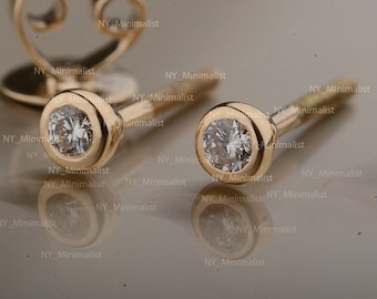 Solid 14k Yellow Gold Bezel Setting SI Clarity G-H Color Diamond Screw Back Stud Earrings Handmade Minimalist Birthday Gift For Her