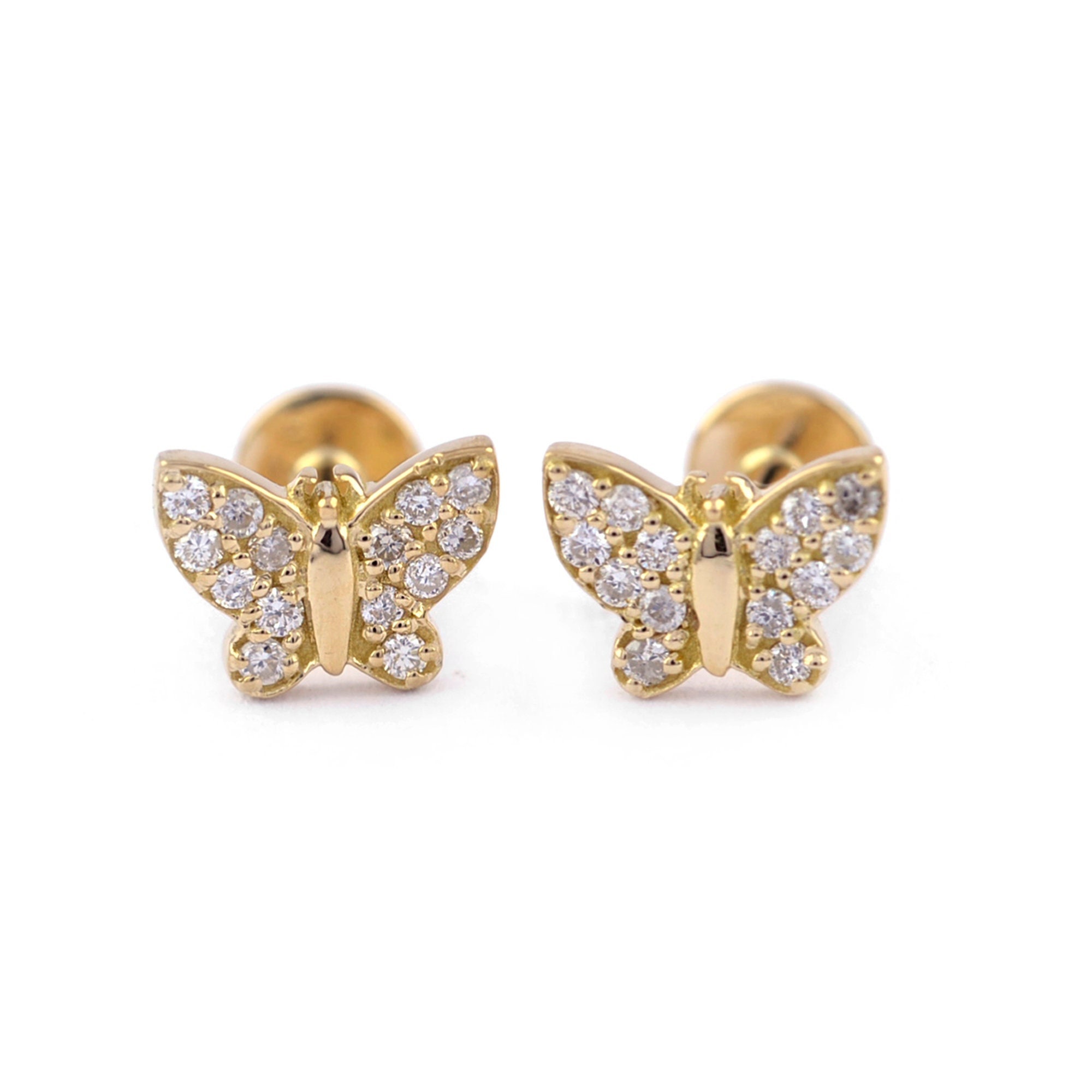 Butterfly Stud Earrings, 10K/14K/18K Gold Pave Diamond Tiny
