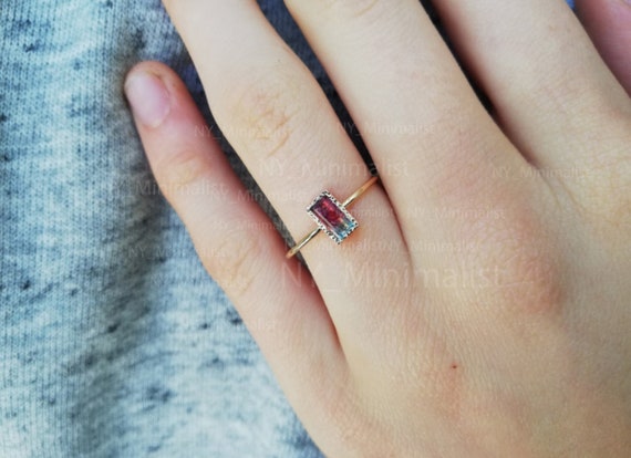 Watermelon Tourmaline Baguette Ring: 14K Yellow Gold Solitaire