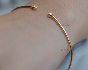 Massives 14K Gelb / Rosé / Weißgold Echte SI Klarheit G-H Farbe 0,10 Ct. Diamant Manschette Armreif Armband Handgemachte Feine Schmuck Minimalist