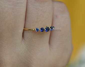 Genuine 0.34 Ct. Blue Sapphire Gemstone Ring in Solid 14K Yellow Gold Handmade Minimalist Engagement Wedding Band Ring Fine Jewelry Gift