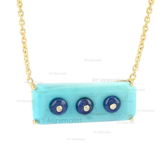 Turquoise Sapphire Necklace: 14K Gold Diamond Art Deco Jewelry