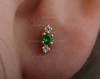 Trio Stone Push Back Minimalist Stud Earrings Solid 14K Yellow Gold Real Zambia Emerald Gemstone SI Clarity G-H Color Diamond Jewelry