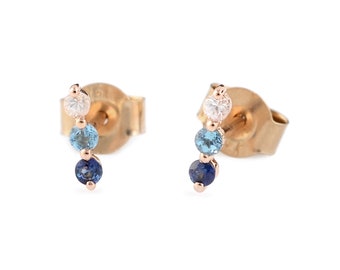 Gradient Blue Sapphire Blue Topaz and Diamond Stud Earrings Solid 14K Yellow Gold Three Stone Bar Stud Earrings Perfect Gift For Her