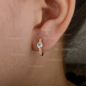 Aquamarine Diamond Huggie Hoop Earrings: 14K Gold Jewelry