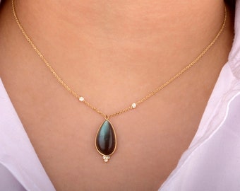 14K Yellow Gold Labradorite Diamond Necklace - Minimalist Jewelry