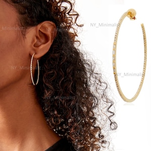 Genuine SI Clarity G-H Color Diamond & Baguette Diamond Huggie Hoop Open-able Cuff Earrings Solid 14K Yellow Gold Handmade Big Hoop Earrings