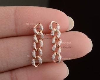 Real 0.25 Ct. SI Clarity G-H Color Diamond Link Chain Handmade Drop Linked Earrings Solid 14k Rose Gold Handmade Jewelry Gift For Her