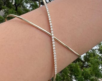 14K Solid Gold Diamond Criss Cross Bangle Bracelet: Statement Jewelry