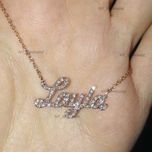14K Yellow Gold Diamond Name Necklace: Personalized Script Letter Pendant