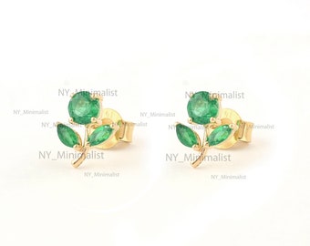 Tiny Leaf Small Stud Earrings Genuine 1.35 Ct. Zambia Emerald Gemstone Solid 14K Yellow Gold Handmade Minimalist Fine Jewelry Gift For Her