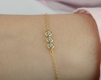 Thin Cable Link Chain Bracelet, Trio Diamond Chain Bracelet, Solid 14K Gold Simple Bracelet Jewelry, Delicate Bracelet, 3 MM Round Diamond