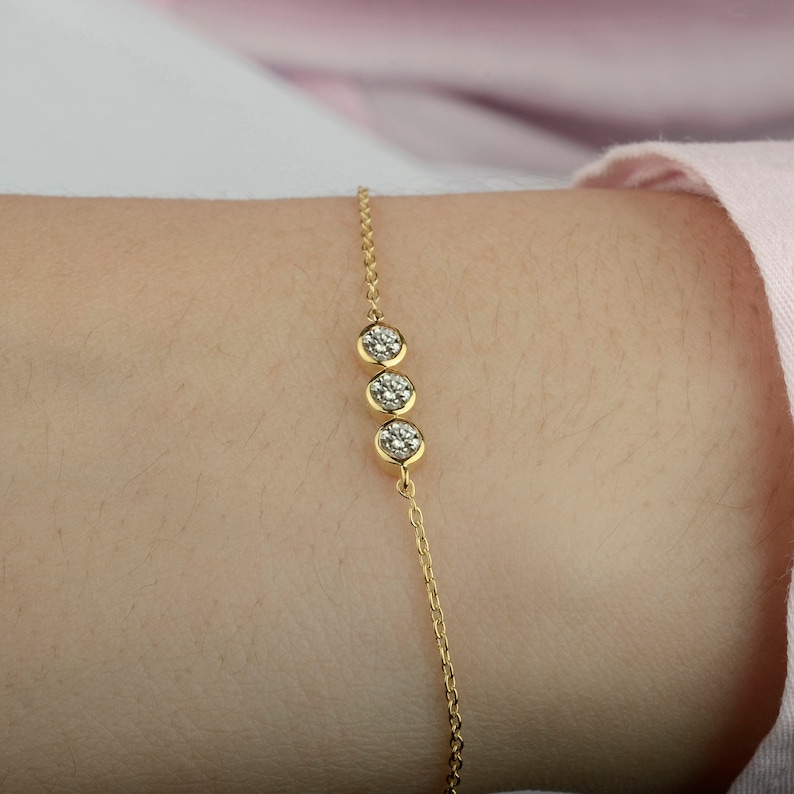 Thin Cable Link Chain Bracelet, Trio Diamond Chain Bracelet, Solid 14K Gold Simple Bracelet Jewelry, Delicate Bracelet, 3 MM Round Diamond