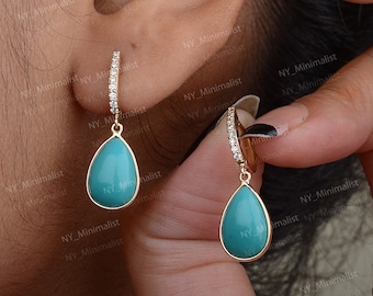 14K Gold Turquoise Diamond Drop Earrings: Dangle Hoop Jewelry