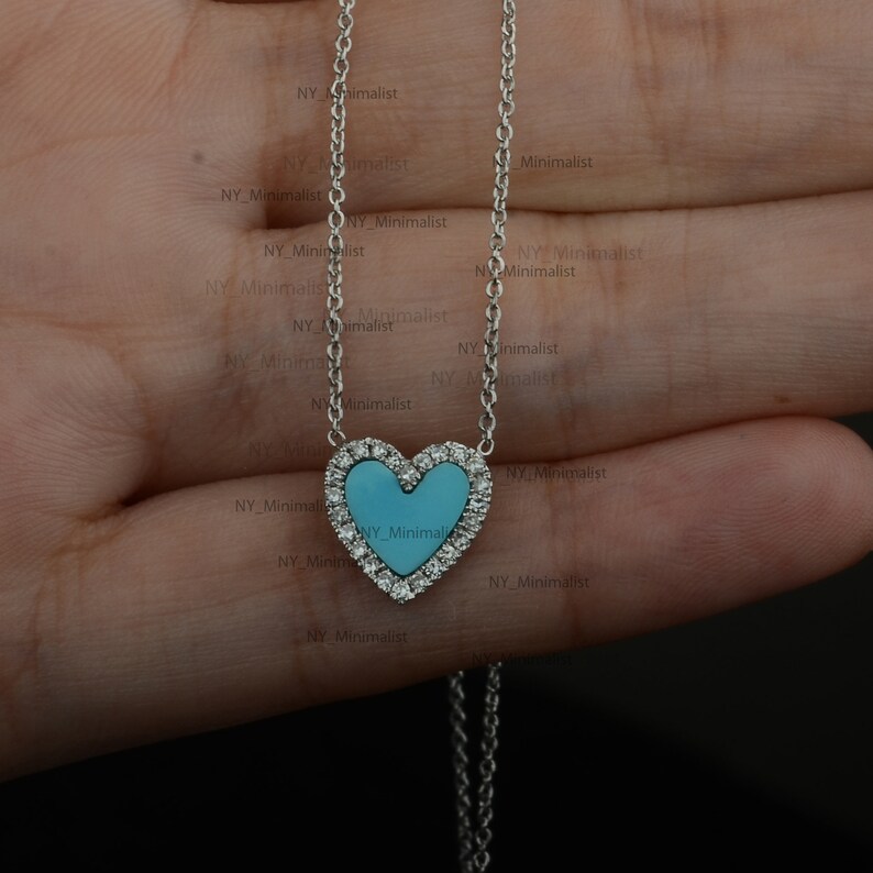 Solid 14K White Gold Real Diamond /& Turquoise Heart Gemstone Pendant Necklace Jewelry Valentine/'s Day Gift For Her