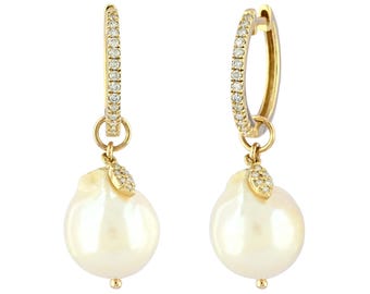 Charlotte & Lexi - Diamond Gold Pearl Dangle Hoop Earrings