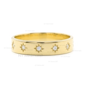 Stern-Ewigkeitsring aus massivem 14-karätigem Gelbgold mit natürlichem Diamant / Sterndiamant-Ring / zierlicher Gold-Stapelring / Gold-Starburst-Ring / Statement-Ring