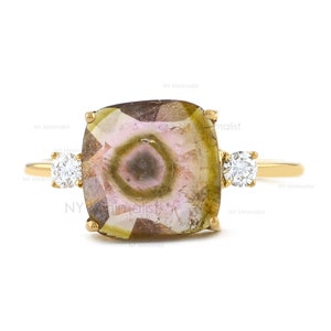 Solid 14K Yellow Gold Natural One Of a Kind Watermelon Tourmaline Diamond Solitaire Engagement Ring Gift For Her