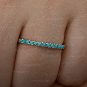 14K Gold Turquoise Ring/ Genuine Turquoise Half Eternity Band Ring/ Turquoise Stackable Ring/ December Birthstone Ring/ Push Present