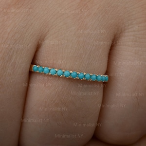 Genuine Sleeping Beauty Turquoise Gemstone Half Eternity Band Ring Solid 14K Yellow Gold Handmade Fine Dainty Wedding Jewelry Gift For Her