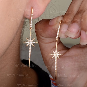 Diamond Starburst Dangle Earrings: 14k Yellow Gold Pave, Handmade
