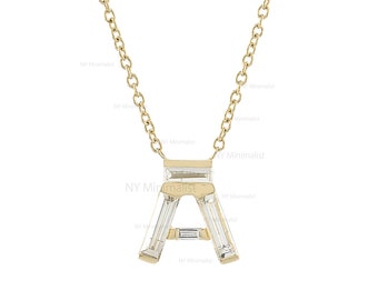 Diamond Initial Necklace Solid 14K Yellow Gold Natural Baguette SI G-H Diamond Personalized Letter Necklace Jewelry Certified Diamond Gift