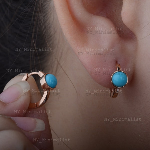 Round Sleeping Beauty Arizona Turquoise Genuine Gemstone Huggie Hoop Earrings Solid 14K Yellow Gold Handmade Lever Back Minimalist Earrings