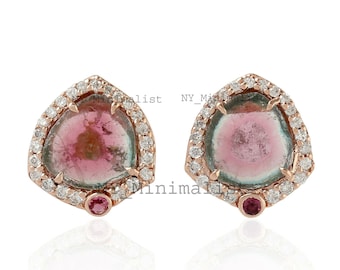 Watermelon Tourmaline Ruby Stud Earrings: 14K Gold Pave Diamond Jewelry