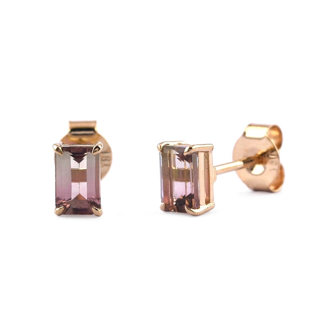 エメラルドカットのウォーターメロントルマリンスタッドピアス：18K