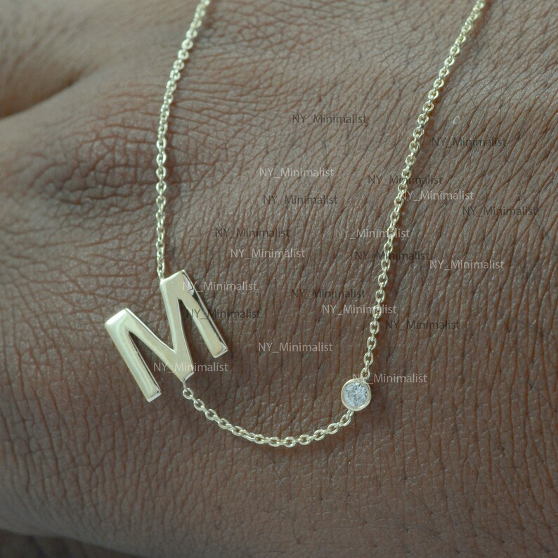 Solid 14K Yellow Gold Genuine 0.06 Ct SI Clarity G-H Color Diamond Initial M Alphabet Pendant Necklace Handmade Personalized Jewelry