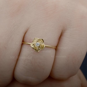 Genuine Solitaire Diamond Ring/ 14K Gold Flower Ring/ Minimalist Rose Ring/ Rose Flower Ring/ Dainty Gold Ring/ Promise Ring/ Gift For Her