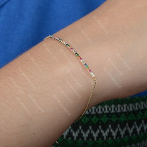 Solid 14K Yellow Gold Genuine 0.33 Ct. Multi Sapphire Gemstone Bar Chain Bracelet Minimalist Rainbow Color Jewelry Wedding Gift For Her