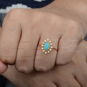 Solid 14K Yellow Gold Genuine 1.10 Ct. Marquise Shape Sleeping Beauty Arizona Turquoise Gemstone & Diamond  Ring Handmade Jewelry