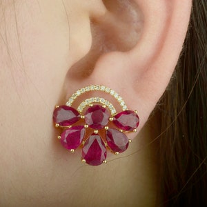 Genuine Round & Teardrop Ruby Earrings/ 18K Solid Gold/ Ruby and Diamond Stud Earrings/ July Birthstone/ Statement Jewelry/ Wedding Earrings