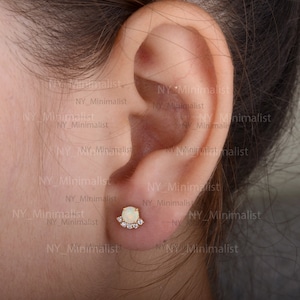 Genuine Opal Stud Earrings, Solid 14K Yellow Gold Studs, Round Cut Opal and Diamond Earrings, Handmade Fine Jewelry Gift For Her